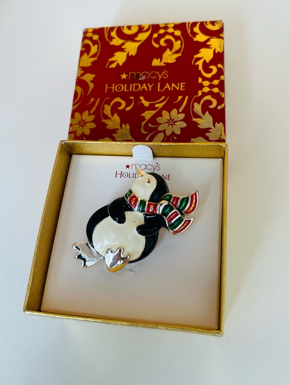Macy's Holiday Lane Black, White Penguin Pin with Red and Green Scarf
